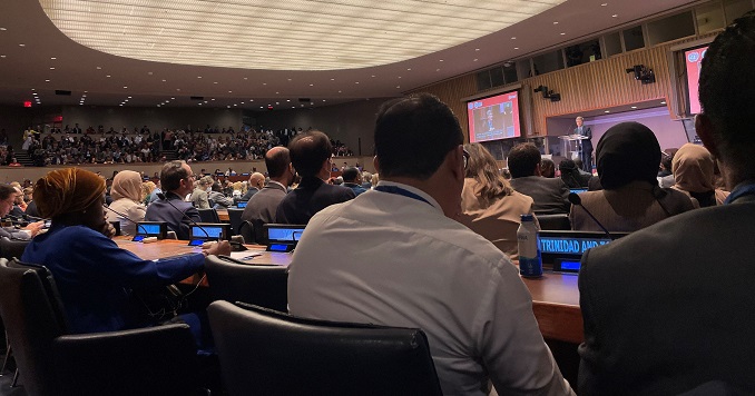 Asistentes a la cumbre sentados en una sala de conferencias de la ONU frente al escenario