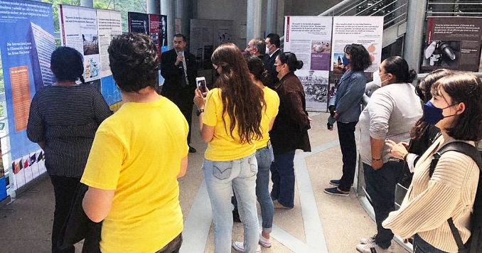 People viewing exhibition panels