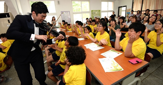 Man playing violin for young students