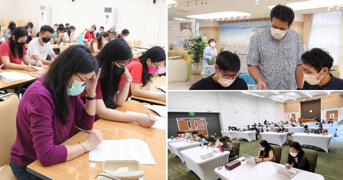 Collage of three photos showing people studying for and taking exams.