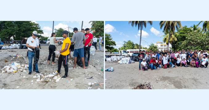 Composite of two images showing youth collecting trash at a beach and posing for a group photo after the cleanup at the clean beach.