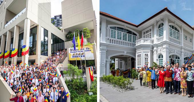 两张照片上的人们分别站在五层楼和两层楼的会馆前庆祝。