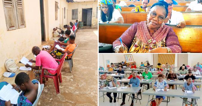 Composición de tres fotos de personas sentadas en el interior y al aire libre haciendo exámenes en diferentes partes de África.