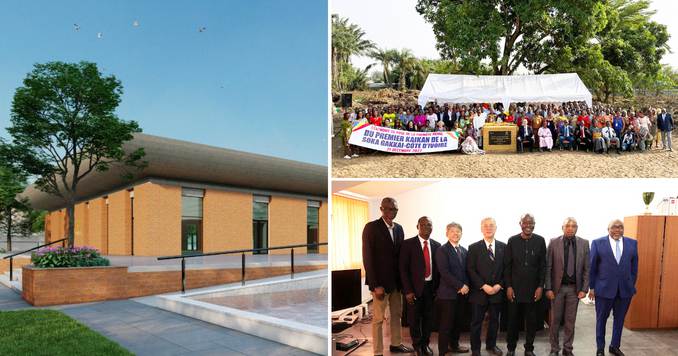 Composición de tres fotos que muestran una infografía de un edificio, un grupo más numeroso de personas en el exterior posando para una foto alrededor de una pancarta y siete hombres en el interior posando para una foto de grupo.