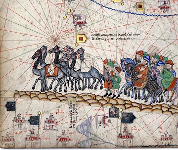 一幅描绘马匹、骆驼以及旅人组成的队伍走在丝路上的图画。