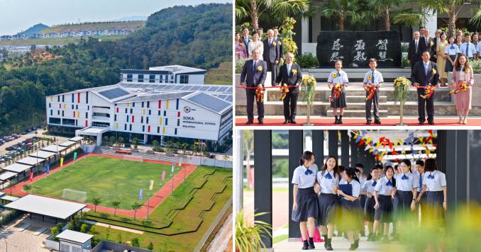 Composite of three photos showcasing a school, a ribbon cutting ceremony and students walking joyfully.