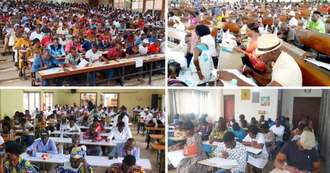 Composite photo of people taking an exam indoors at different locations.