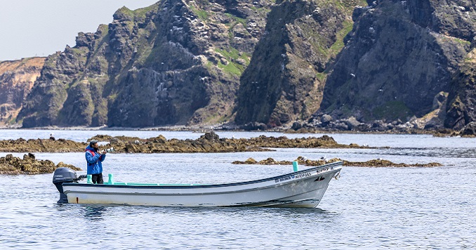 Mr. Terasawa standing in a boat taking photos in the waters off of Teuri Island