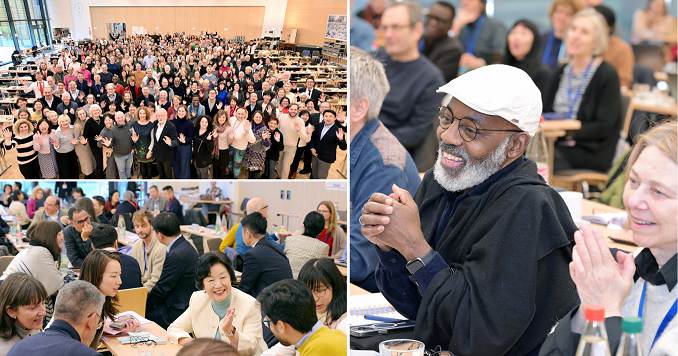 三張組圖:一群人在會議室拍攝合照(左上);小組討論會(左下);一位頭上戴著白色帽子的男性在參加會議(右)。