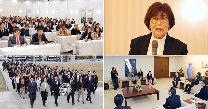 Composite photo: Participants seated in a conference room listening to a speech; close-up of a woman speaking into a microphone; a youth speaking at a meeting in a reception room; and large group of young people.