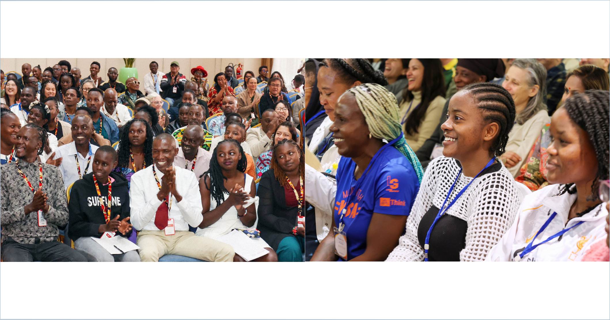 A composite image, left and right, each of a large number of seated people smiling and clapping.