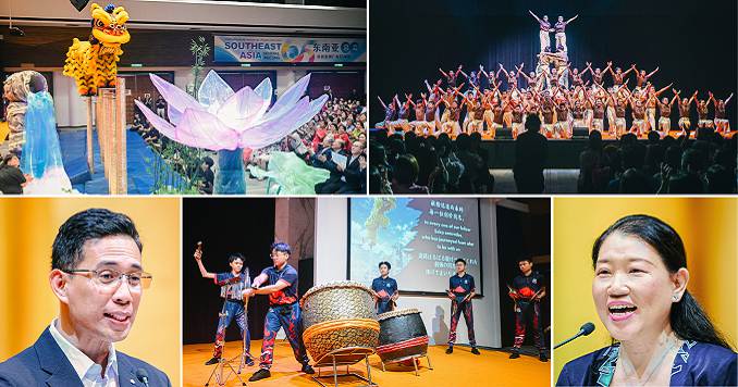 Collage showing a lion dance, a group gymnastics performance, two members speaking at the meeting and musicians performing.