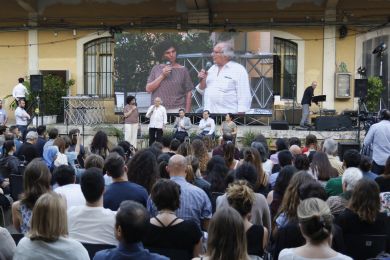 Nobel Peace Prize Laureate Adolfo Pérez Esquivel speaking at the Youth Convention at Ex Dogana