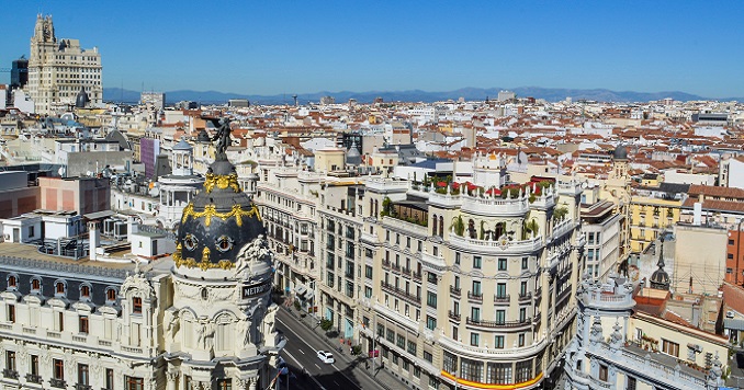 Landscape view of historical buildings in Madrid, Spain
