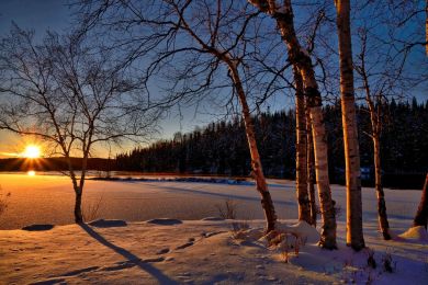 Dusk in a snow-laden landscape