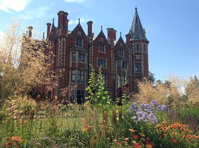 A stately building with flowers in the foreground