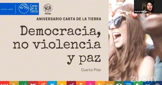 A graphic image displaying the theme of Democracy, Nonviolence and Peace in Spanish