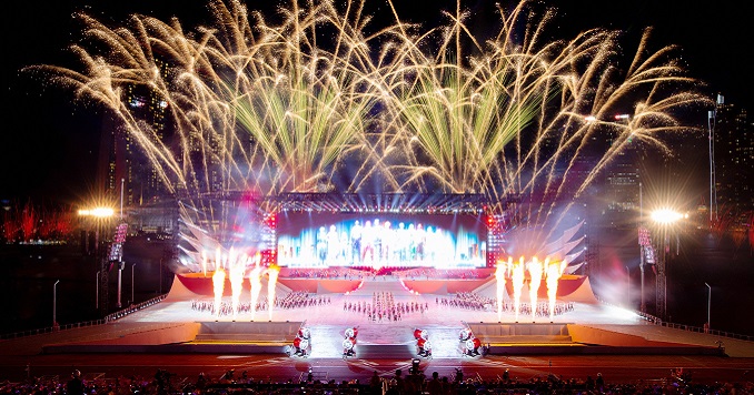 Big event stage with fireworks in the background