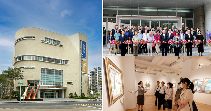Collage of three images showing a six-story building, a ribbon cutting ceremony outside an art gallery, and people viewing paintings in an art gallery.