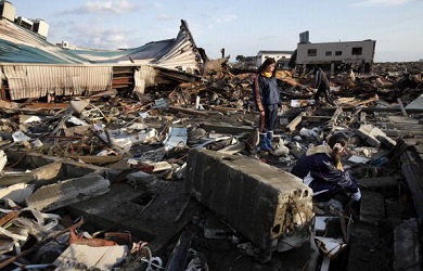 A landscape of strewn wreckage and destroyed buildings