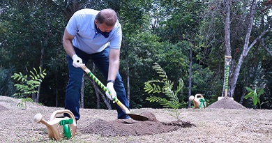 Man planting a sapling; Amazon forest in the background